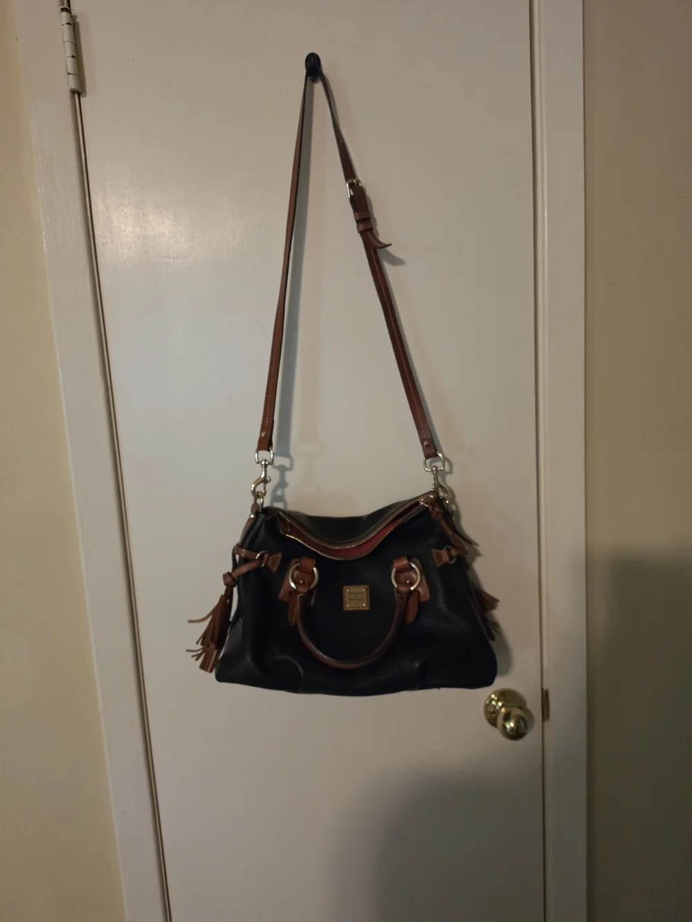 Dooney & Bourke Black Pebbled Leather Stanwhich Satchel with Brown Trim
